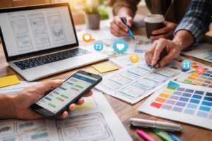 UX designers collaborating on mobile app wireframes and prototypes, representing the shift from feature-heavy apps to experience-driven product design.