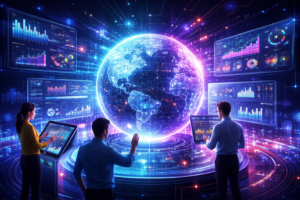 Futuristic digital globe surrounded by real-time analytics dashboards and live data visualizations representing modern application performance