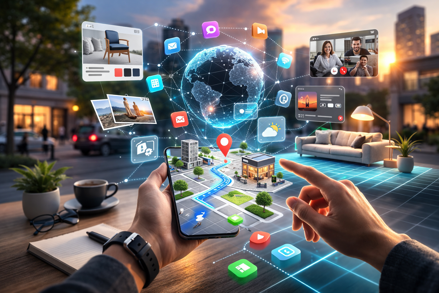 Person using smartphone with augmented reality interface and holographic spatial computing elements in an urban environment at sunset.