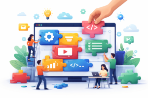 Illustration of developers assembling modular software components as puzzle pieces on a large interface screen, representing modern modular software architecture and scalable system design.