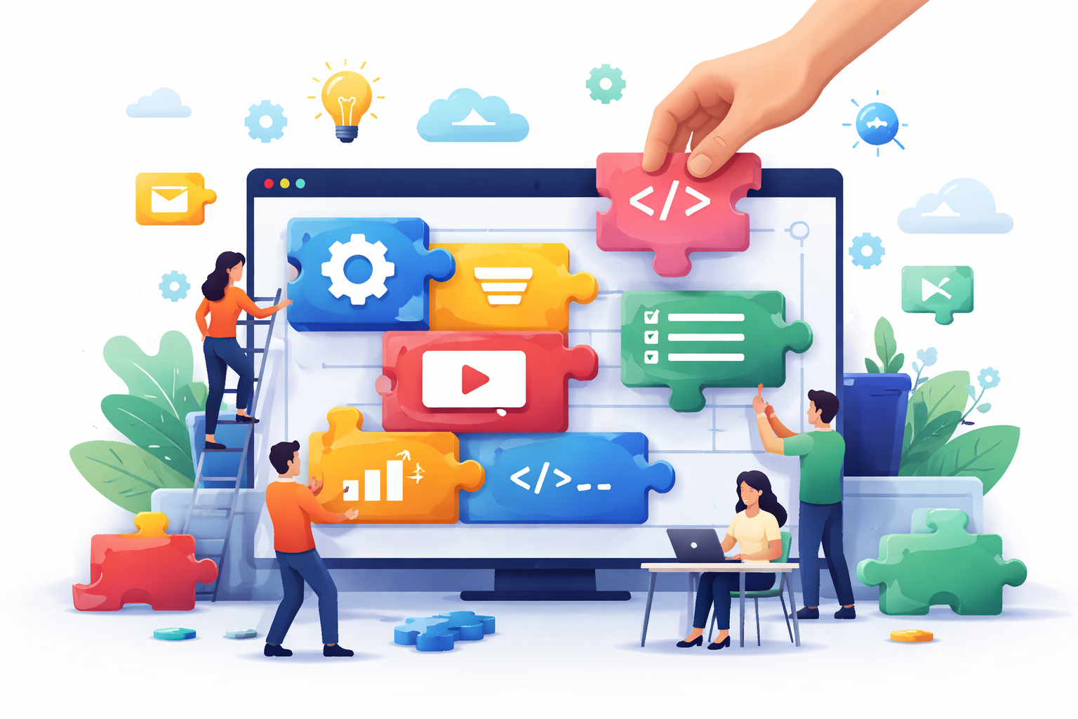 Illustration of developers assembling modular software components as puzzle pieces on a large interface screen, representing modern modular software architecture and scalable system design.