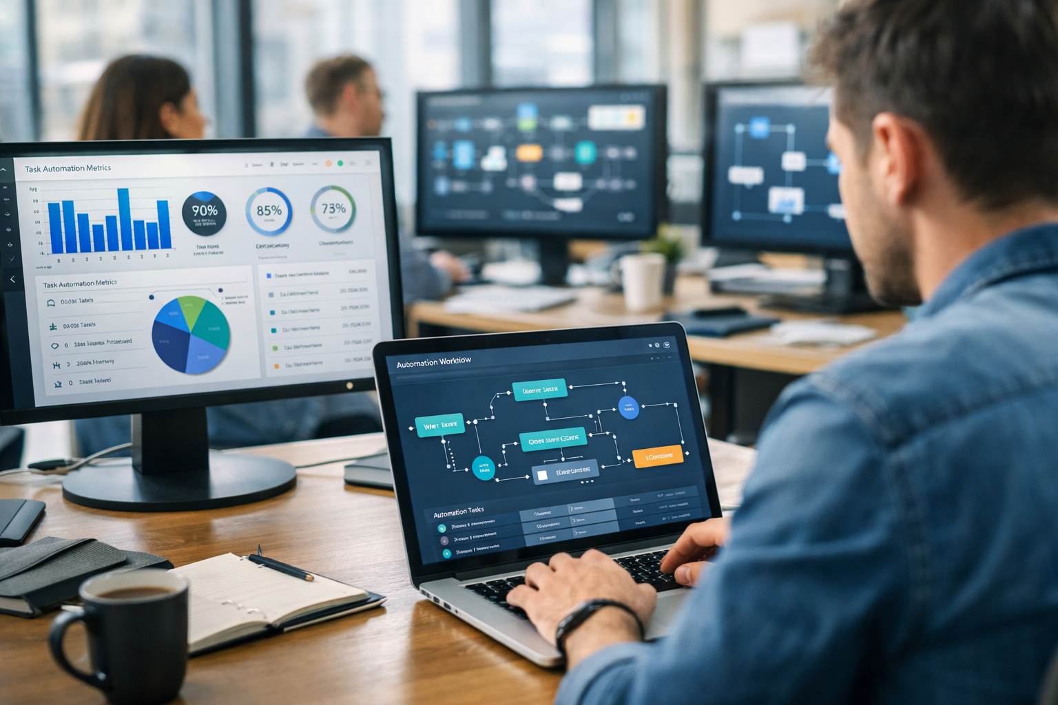 Business professionals using automation dashboards and workflow tools to manage internal software systems in a modern office.