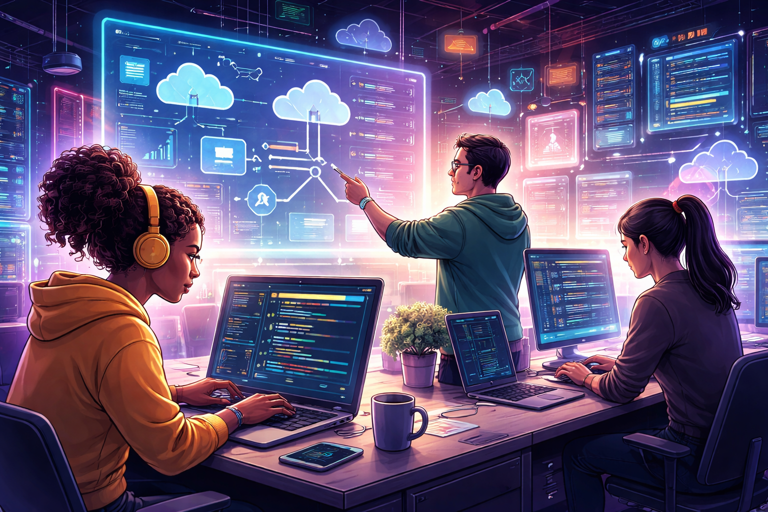 Developers working on cloud backend infrastructure with dashboards, APIs, and distributed systems powering modern applications.