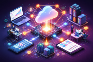 Event-driven architecture concept showing cloud infrastructure, connected services, and real-time event processing across modern software systems.