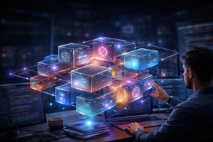 Composable software architecture with modular tech stack visualized as connected microservices blocks in a modern developer workspace