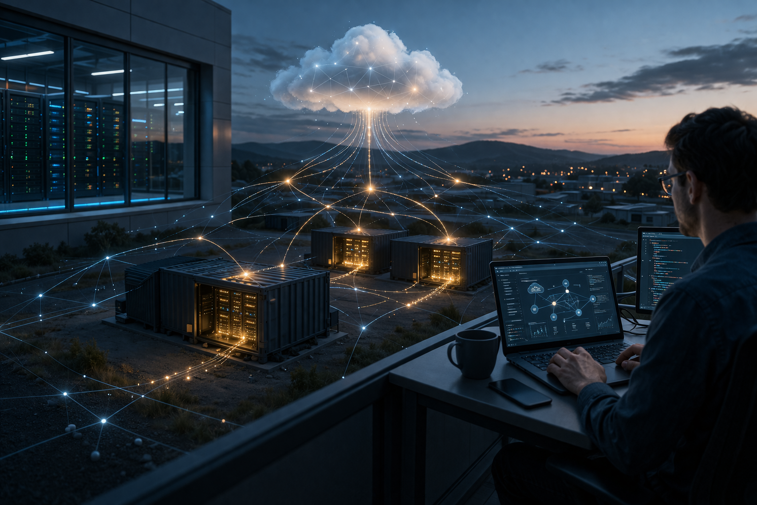 Serverless cloud infrastructure connecting distributed data centers with a developer managing scalable systems in a modern environment