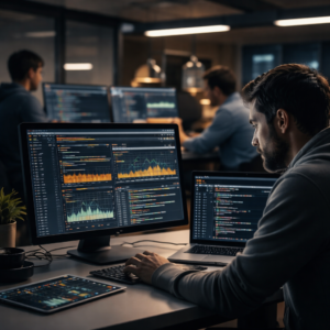 Software developer analyzing performance metrics and optimizing code in a modern workspace focused on efficiency and system performance