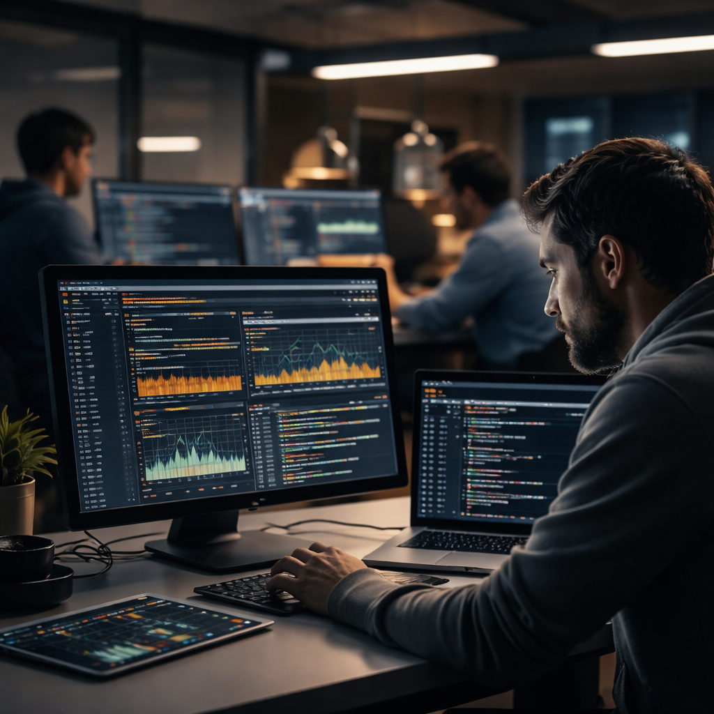 Software developer analyzing performance metrics and optimizing code in a modern workspace focused on efficiency and system performance