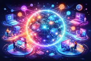 Futuristic digital illustration showing interconnected tech ecosystem with global network, devices, and developers collaborating in a unified system