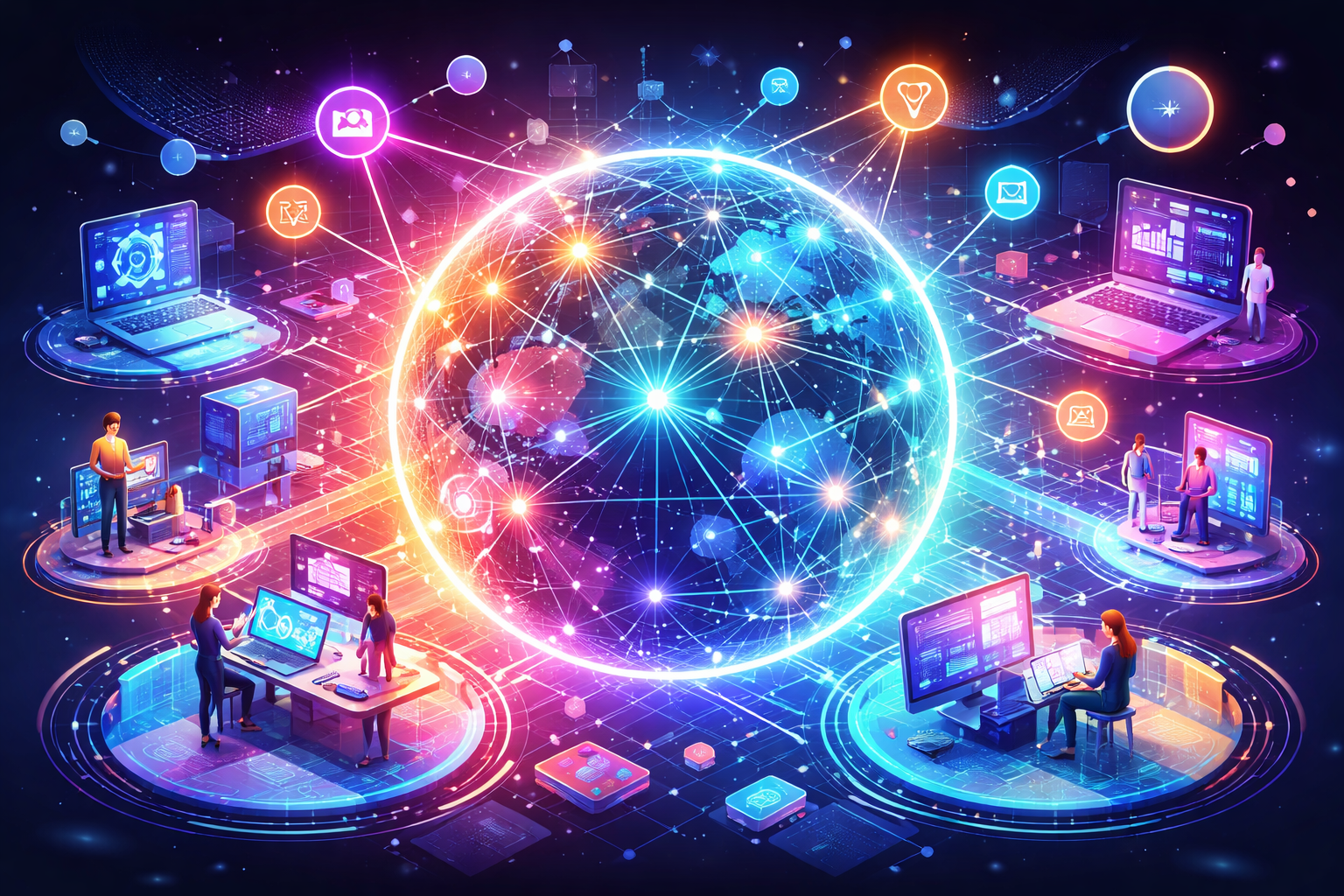 Futuristic digital illustration showing interconnected tech ecosystem with global network, devices, and developers collaborating in a unified system