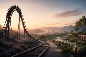 Emerging technology landscape transitioning from hype cycle chaos to stable real-world innovation with futuristic city and sustainable infrastructure