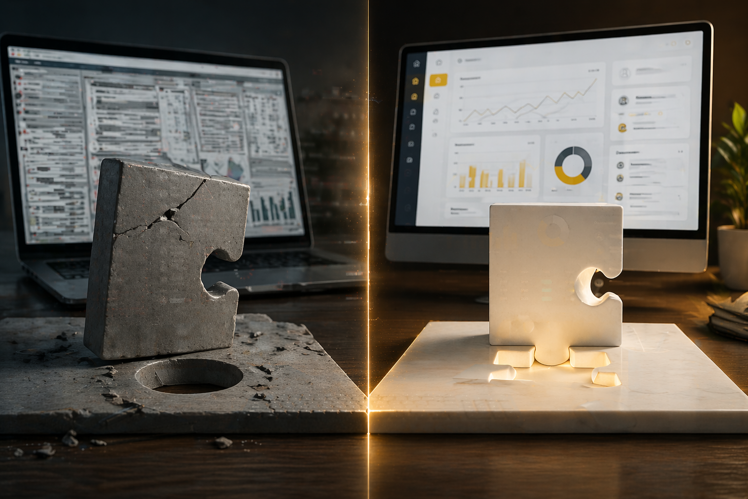 Custom software vs off-the-shelf tools visual showing broken puzzle piece versus perfectly fitted solution in modern workspace