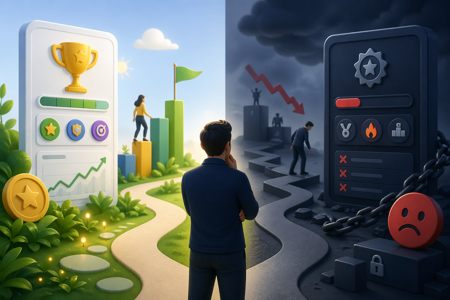 Split-screen illustration showing successful vs failed gamification in business apps, with progress rewards on one side and frustration on the other