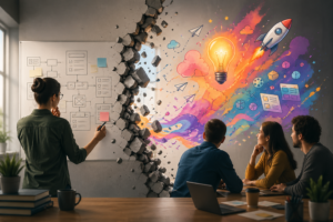 Team balancing structured software planning with creative innovation in a modern workspace, visualizing project scoping without limiting ideas