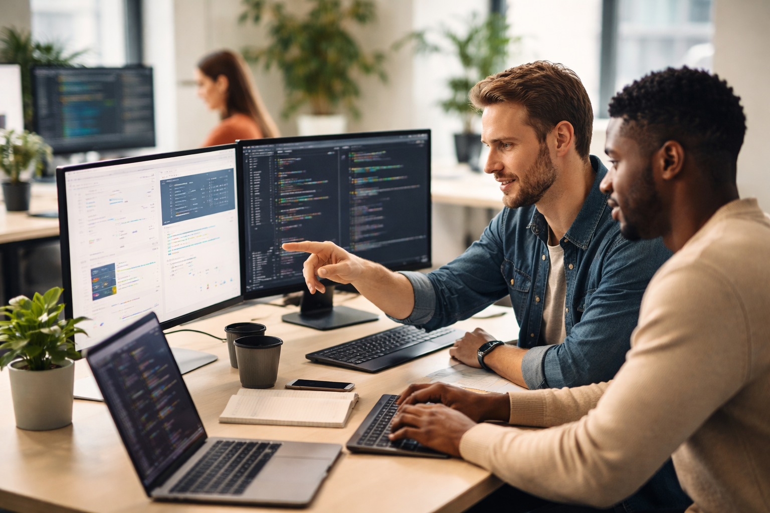 Software developers collaborating at a modern workstation with multiple screens showing code and UI, representing strong developer experience and team productivity