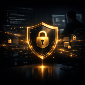 Futuristic cybersecurity shield with glowing lock symbol protecting data streams in a modern software development environment