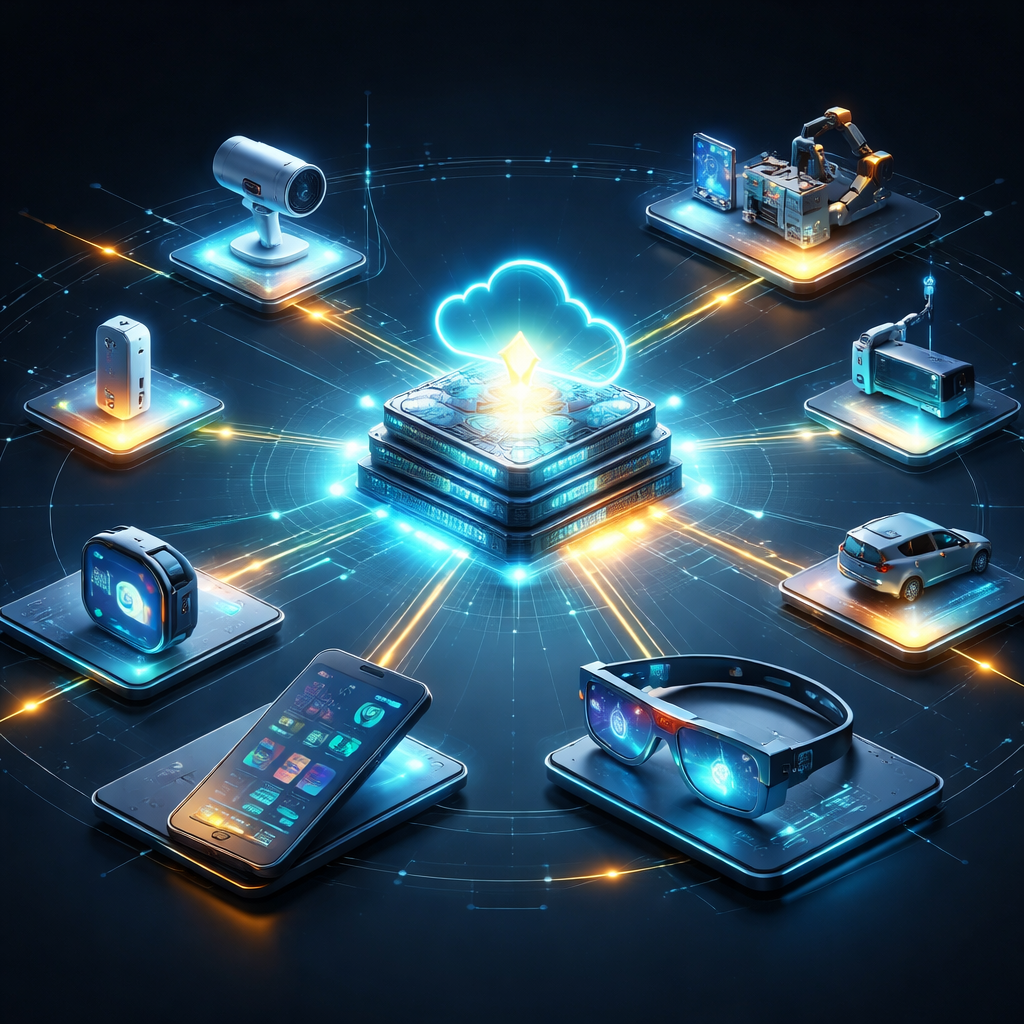 Edge computing concept showing connected devices like smartphones, IoT sensors, and AR glasses processing data in real time through a central edge network