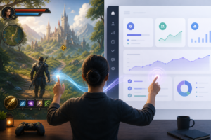User interacting with a game-style interface and business dashboard, illustrating how game UX influences modern business software design
