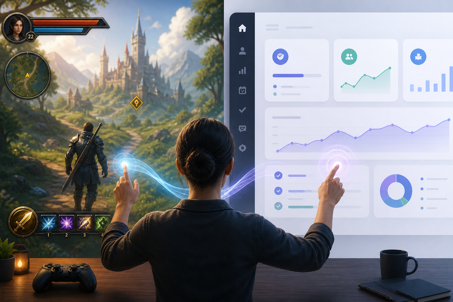 User interacting with a game-style interface and business dashboard, illustrating how game UX influences modern business software design