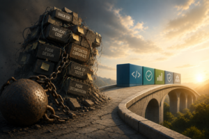 Technical debt concept illustration showing a broken legacy system beside a clean modern software architecture pathway