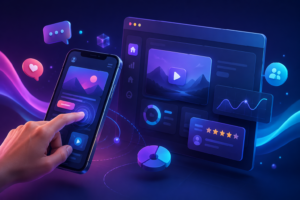 Interactive mobile and web app interfaces showcasing user engagement, immersive experiences, and modern digital interaction trends