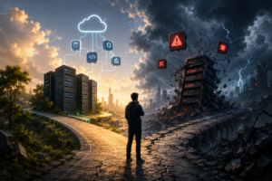 Futuristic visualization comparing stable and failing backend infrastructures, representing how backend technology decisions impact app performance, scalability, and reliability.