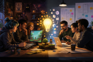 Creative collaboration between indie game developers and product teams illustrating innovation, agile workflows, and faster digital product development.