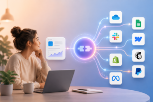 Modern API integration illustration showing connected software platforms and cloud applications communicating through a centralized digital system.