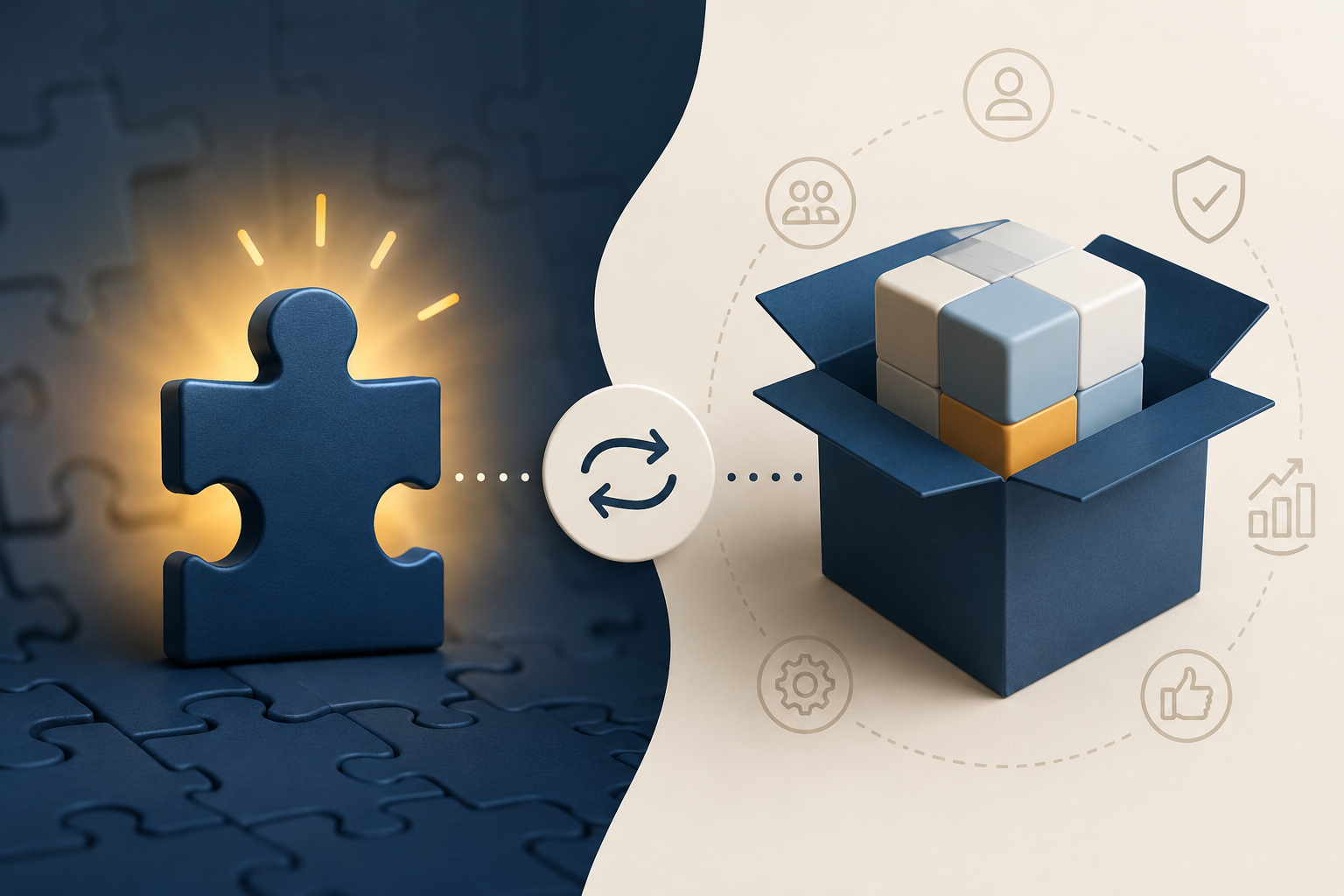 Feature versus product concept illustration showing a puzzle piece transforming into a complete business solution with growth and customer value elements.