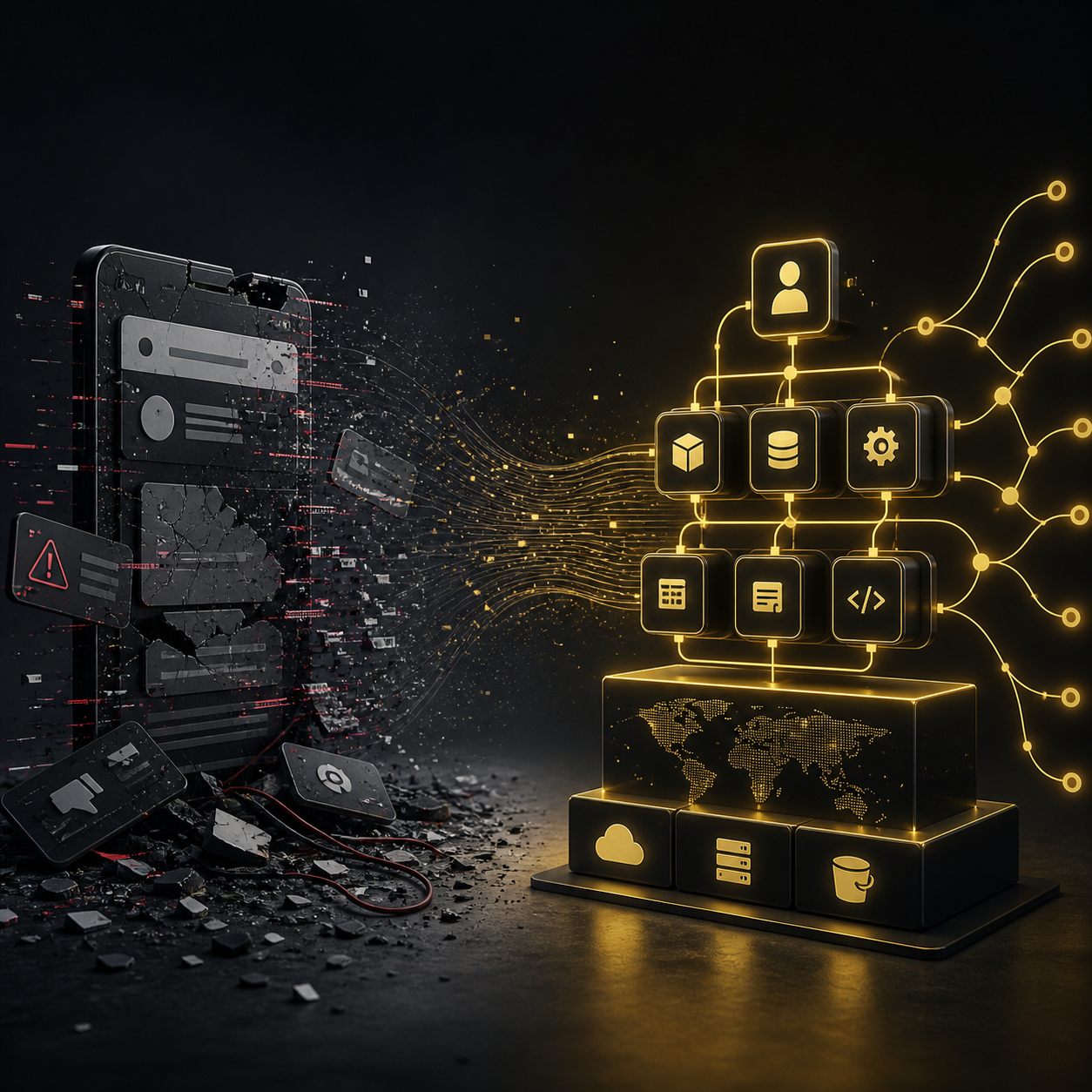 Broken MVP app transitioning into scalable software architecture with structured system design and glowing network connections