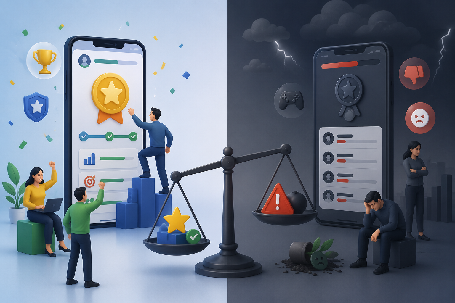 Gamification in business apps concept illustration showing the balance between successful user engagement and negative user experience through rewards, progress tracking, and burnout indicators.