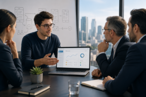 Founder presenting a software product roadmap and dashboard to investors during a business strategy meeting.