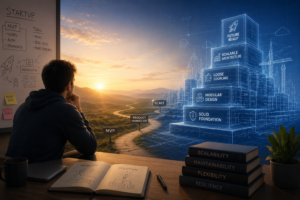 Startup founder planning scalable software architecture early with digital blueprints, roadmap, and future-ready system design concept.