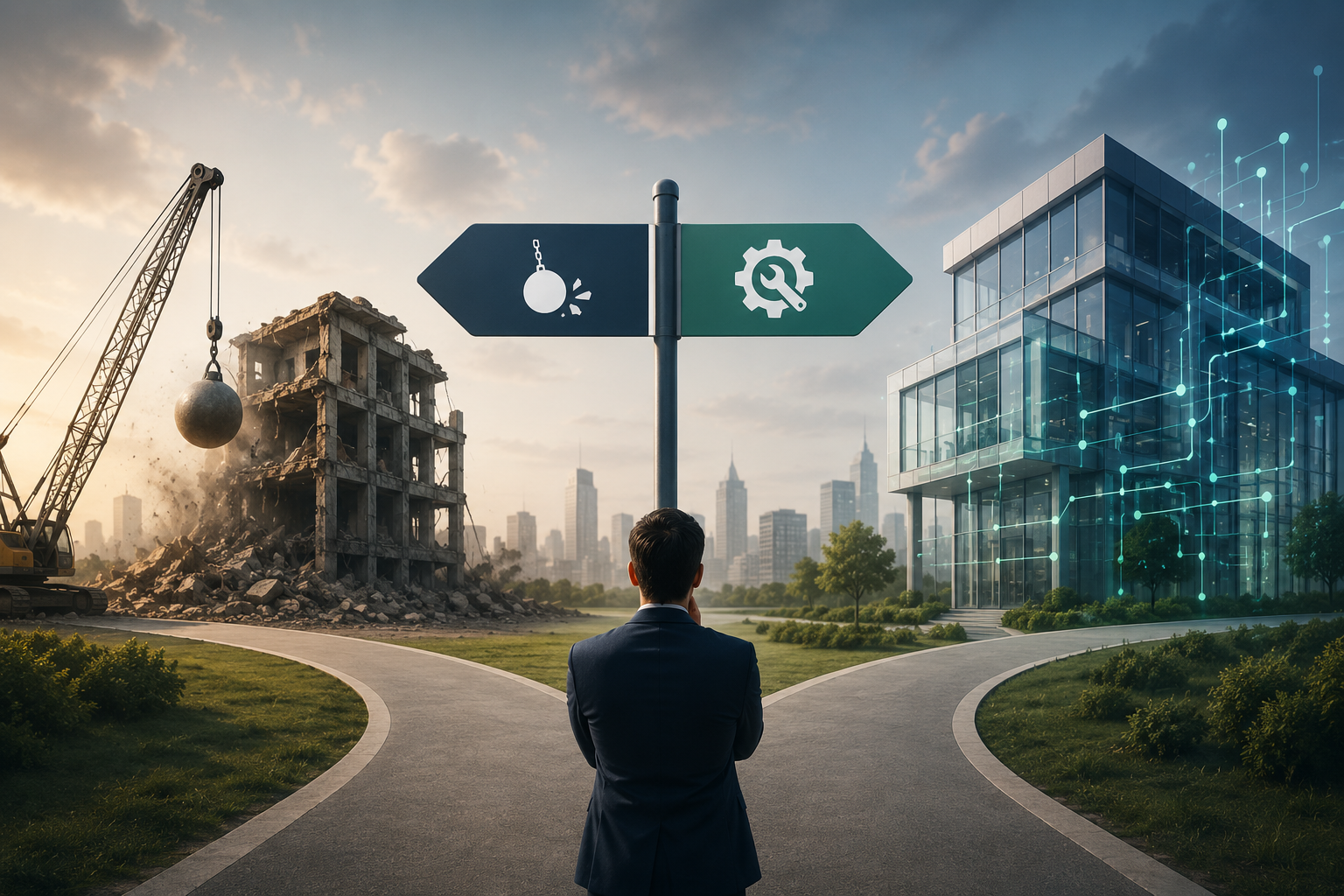 Business leader evaluating whether to rebuild or refactor legacy software, represented by a crossroads between a demolished structure and a modern digital infrastructure building.