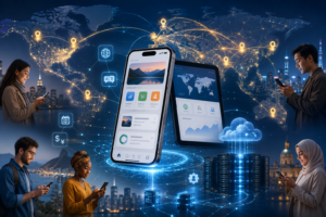 Global mobile app development concept showing localization, cloud infrastructure, worldwide connectivity, multilingual user experiences, and scalable software systems serving users across different regions.