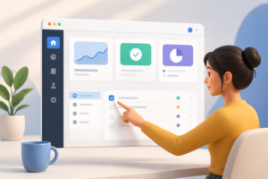Intuitive software design illustration showing a user interacting with a clean, user-friendly dashboard interface that requires minimal training and enhances user experience.