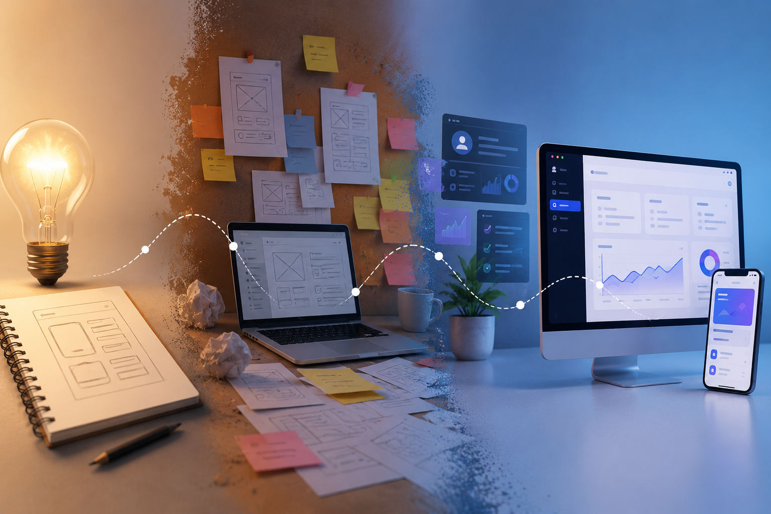 From idea to product concept illustration showing the software development journey from initial brainstorming and wireframes to a polished web and mobile application.