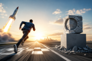 Business professional sprinting toward a city skyline while a rocket launches overhead, symbolizing speed to market and rapid innovation over perfection.