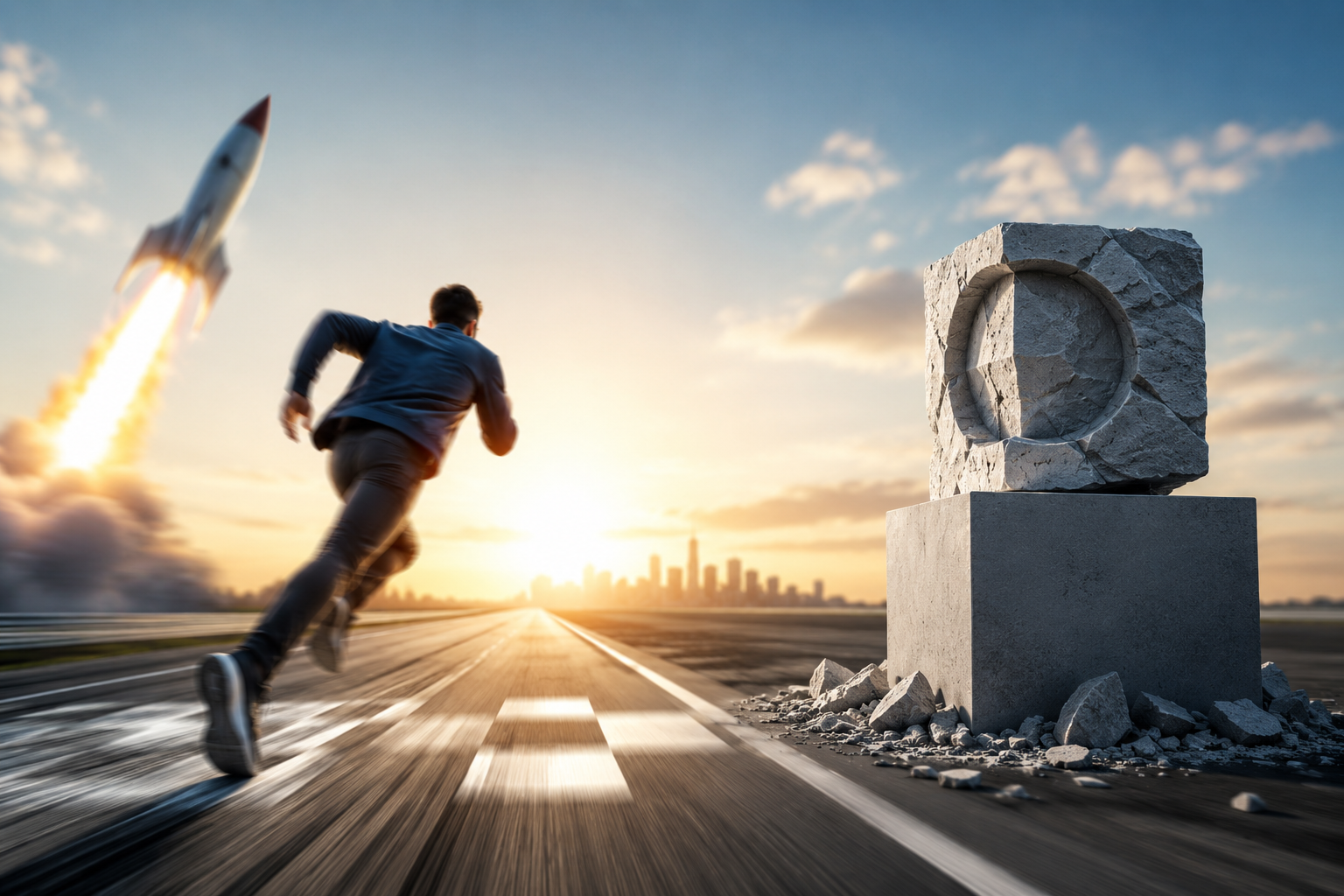 Business professional sprinting toward a city skyline while a rocket launches overhead, symbolizing speed to market and rapid innovation over perfection.