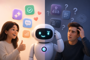 AI features users love versus confusing AI features illustrated through contrasting positive and frustrated user experiences