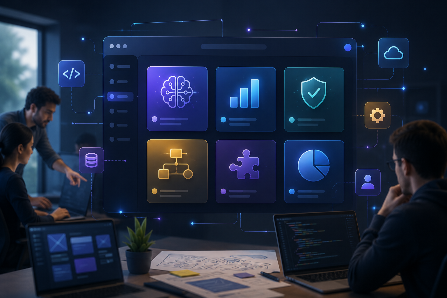 AI integrated as one of many software product features in a modern digital platform with developers collaborating on application development