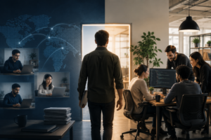 Startup founder transitioning from outsourced software development to an in-house development team collaborating in a modern office.