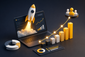 Early software product gaining user traction with growth analytics, engagement metrics, and startup progress illustration.