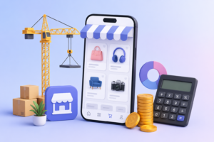 Marketplace app development cost concept featuring a mobile marketplace, calculator, coins, and eCommerce elements