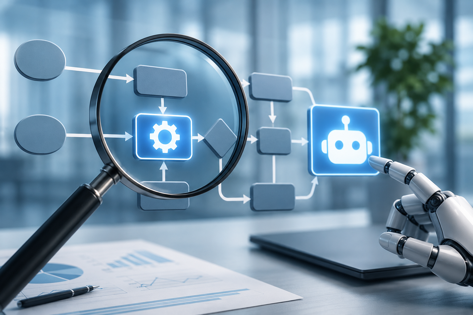 AI automation process analysis showing a magnifying glass examining a business workflow with gears, flowcharts, and artificial intelligence technology.