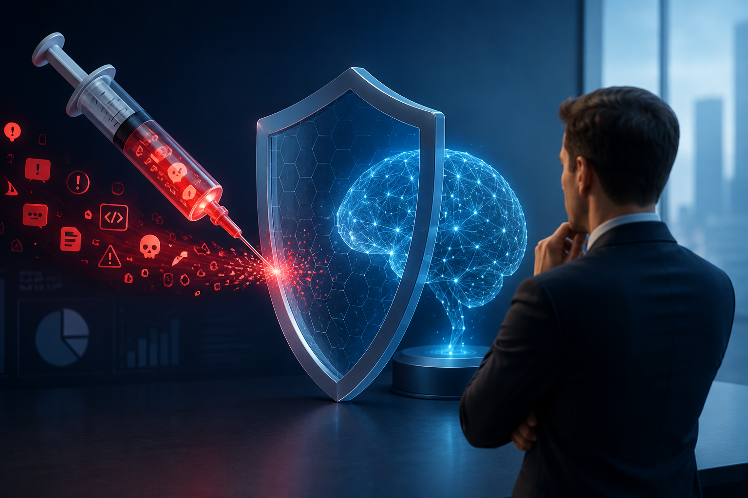 Business owner reviewing an AI prompt injection cybersecurity threat on a laptop