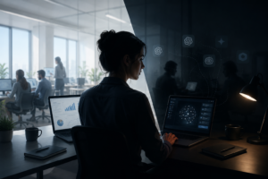 Shadow AI in the workplace showing an employee using unauthorized AI tools alongside approved business systems
