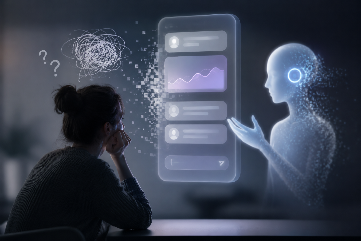 Abstract illustration of a user experiencing confusion while interacting with an AI-powered mobile app, highlighting the importance of user experience design in artificial intelligence applications.