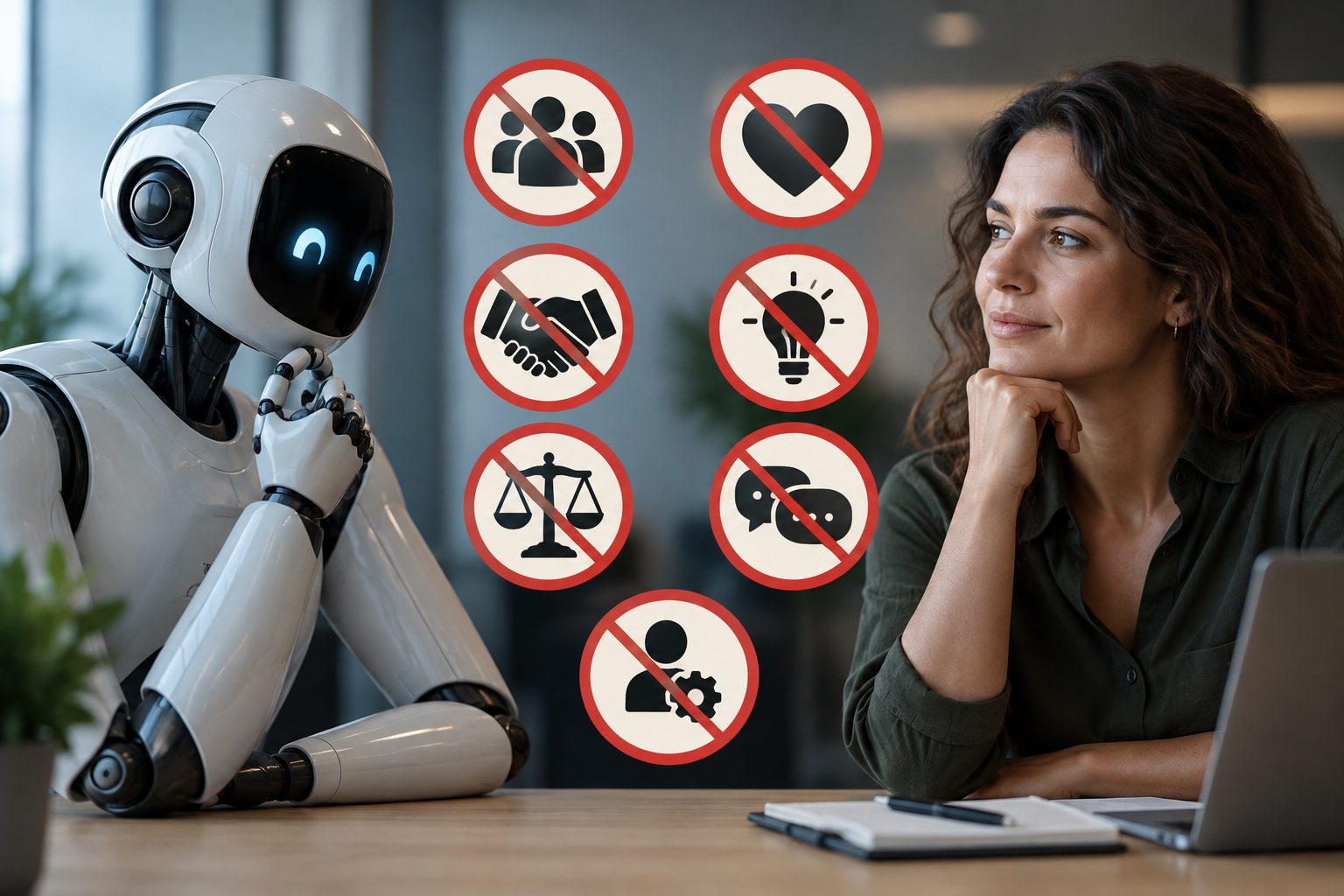 Human and AI robot representing business tasks that should not be fully automated with artificial intelligence