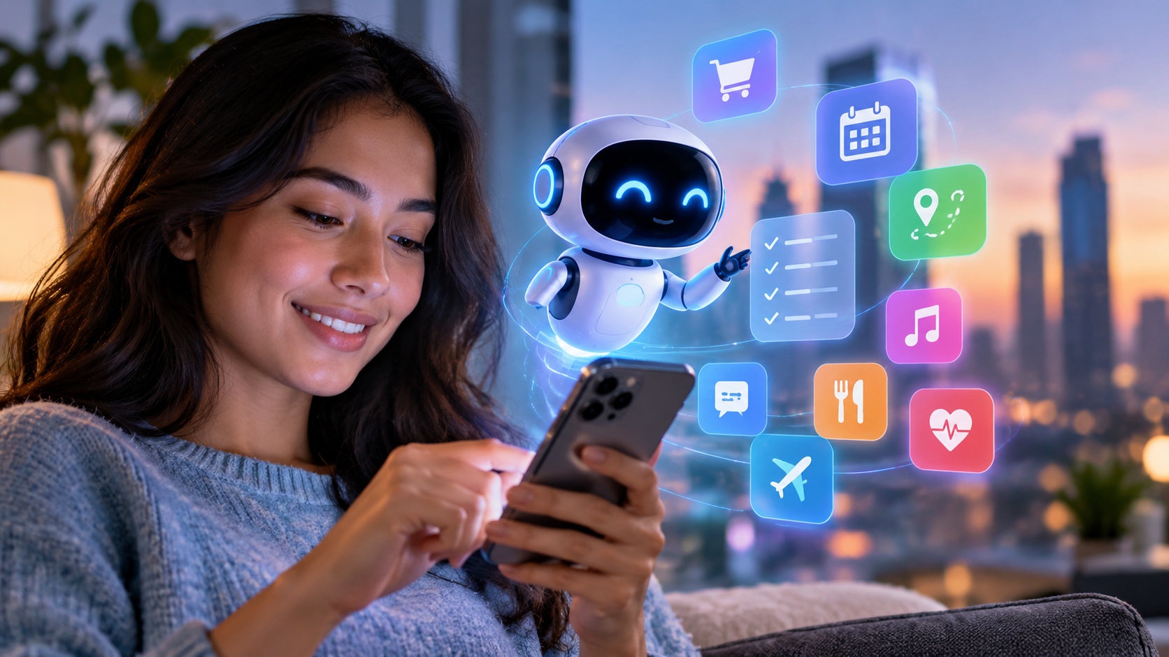 AI agent assisting a mobile app user with personalized tasks, automation, and digital services.